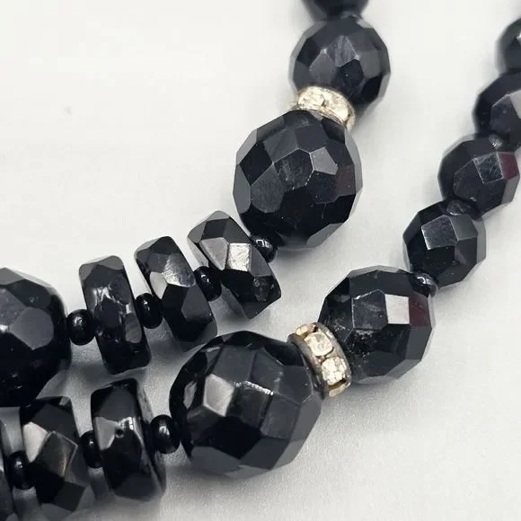 Black Glass Bead Necklace Facet Cut Rhinestone Rondelle Lobster Clasp 24" - Picture 7 of 10